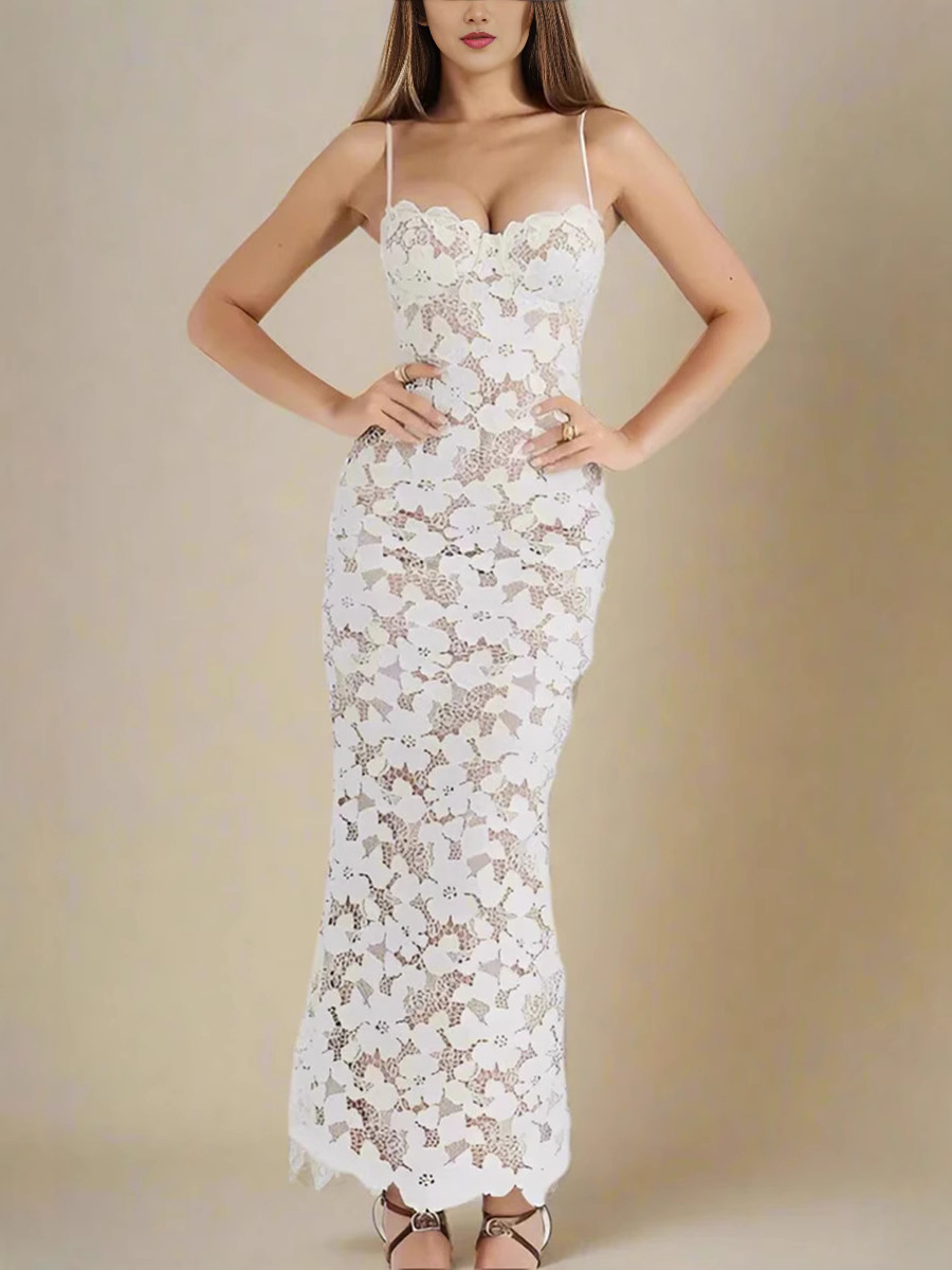 Europäisches und amerikanisches grenzüberschreitendes Temperament, weißes Tube-Top-Riemen, sexy Straps-Spitzen-Trägerkleid, hüftbedeckendes langes Rock-Abendkleid