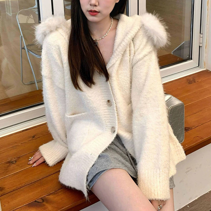 软糯毛衣外套女秋冬纯色百搭外穿显瘦洋气设计感口袋毛领针织开衫|undefined