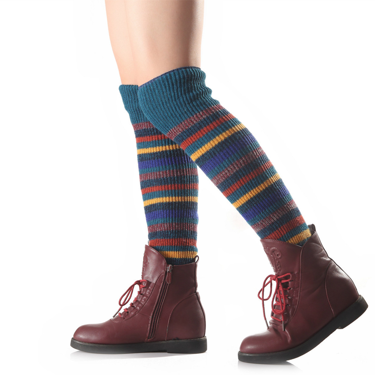 Knee over knee pads women's new autumn and winter horizontal striped knitted pile up sock covers with wool for warmth._voghion.com