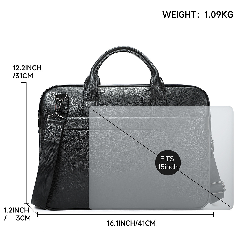 Cặp da bò lớp đầu tiên công sở nam đơn giản, đeo chéo, đựng laptop 15 inch, dung tích lớn — đen