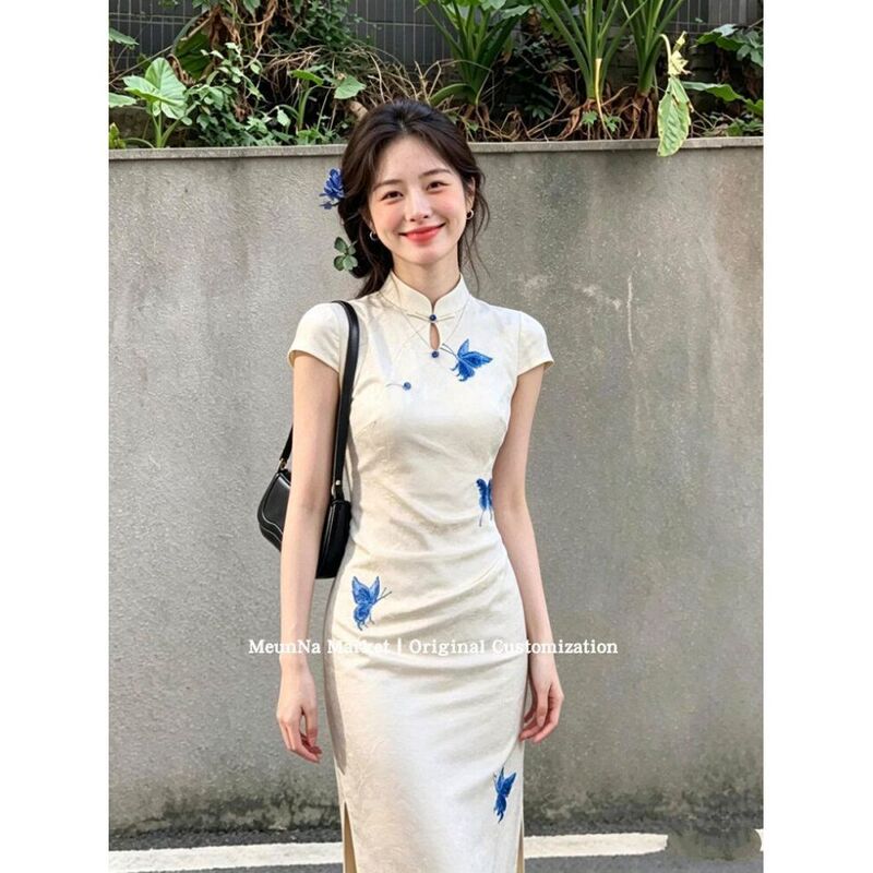 Improved Cheongsam for Women, Summer Cool and Elegant New Chinese-Style Dress with Intricate Butterfly Embroidery, High-End National Style Retro Bodycon Dress Improved Cheongsam for Women, Summer Cool and Elegant New Chinese-Style Dress with Intricate Butterfly Embroidery, High-End National Style Retro Bodycon Dress