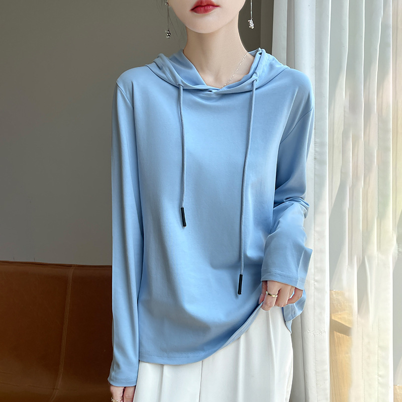 2025 Spring & Fall New Thin Hooded Sweatshirt Long-Sleeved T-Shirt Women's Cotton Hoodie Bottoming Age-Reducing Top for Outer Wear