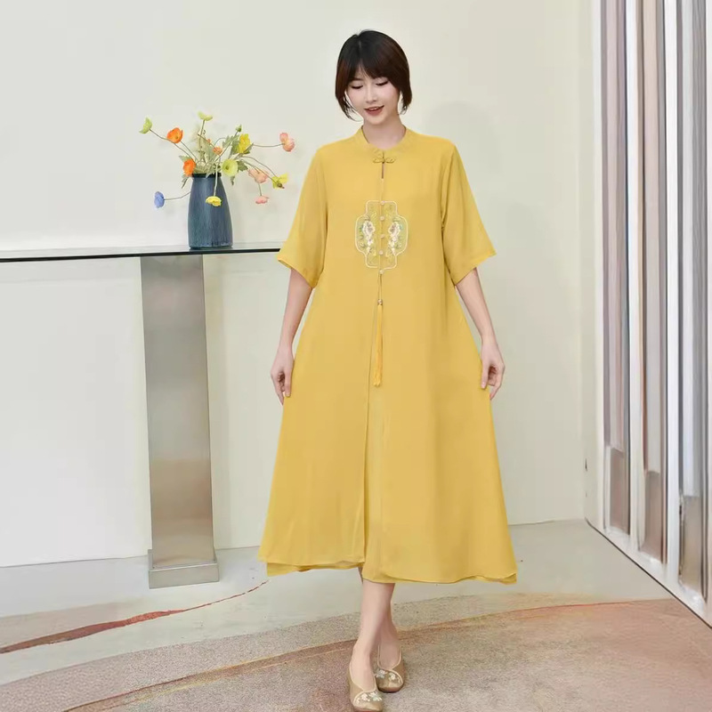 Chinese Style National Style Daily Modified Cheongsam Elegant Temperament Zen Slim Fake Two-Piece Apple Green Tassel Dress