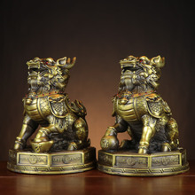 黄铜麒麟摆件 一对踩八卦麒麟 坐财富麒麟 开业家居店铺 将军麒麟