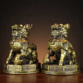 黄铜麒麟摆件 一对踩八卦麒麟 坐财富麒麟 开业家居店铺 将军麒麟