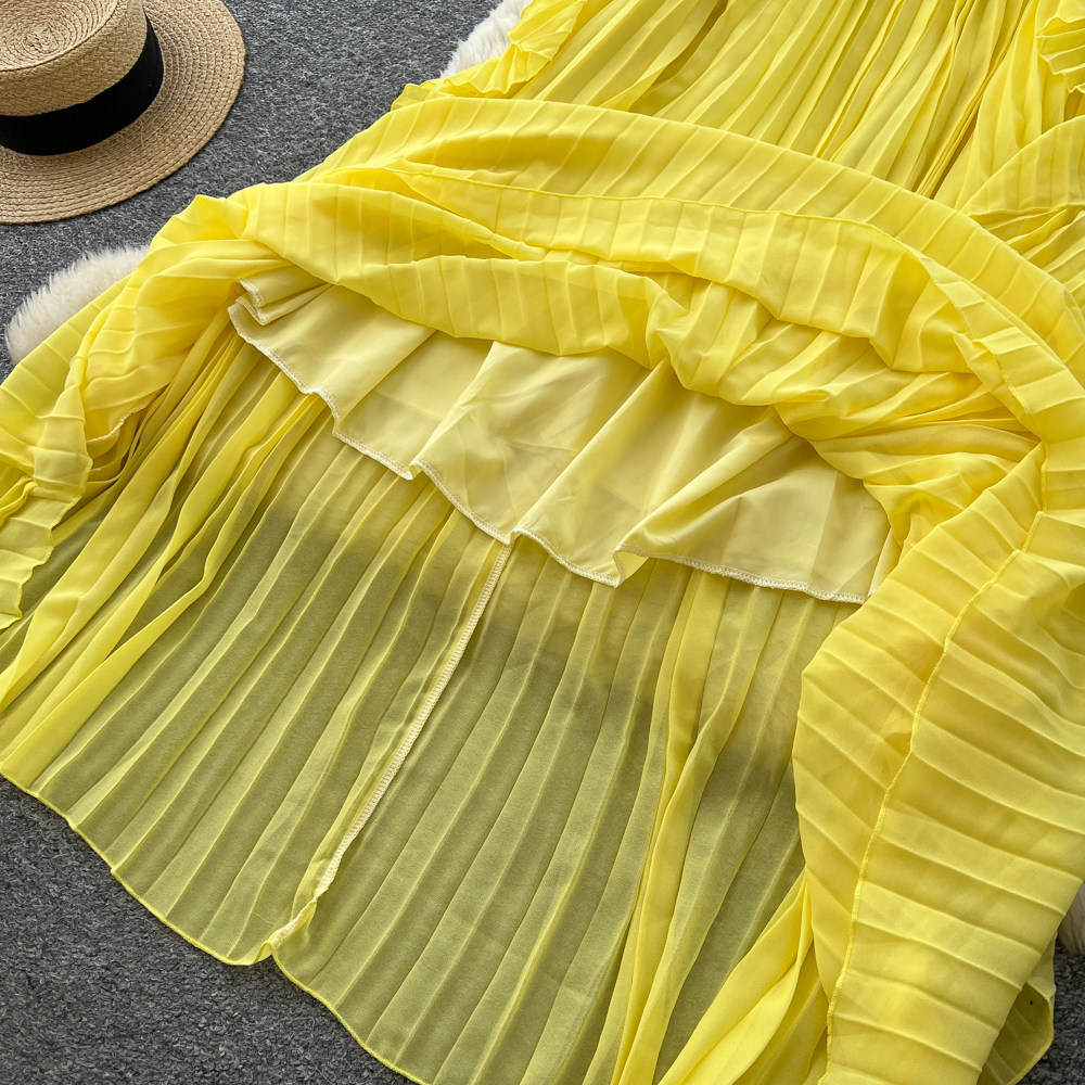 Yellow Strapless Sleeveless Long Dress Ruffled Halter Neck Design Loose Fit French Style Summery Feel Women's Clothing_ecoleips.com