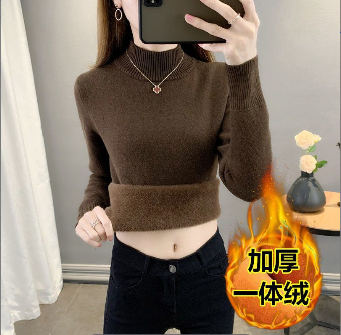 ベルベットは半高襟の純色を厚くして、ニットのシャツの女性の上着と秋冬の新型のベルベットの中にセーターを着る|undefined