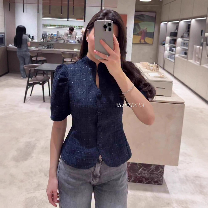Cross-Border European and American Independent Website Women's Clothing 2026 Spring New Style Half-High Collar Cardigan Elegant Slim-Fit Short-Sleeve Jacket for Women