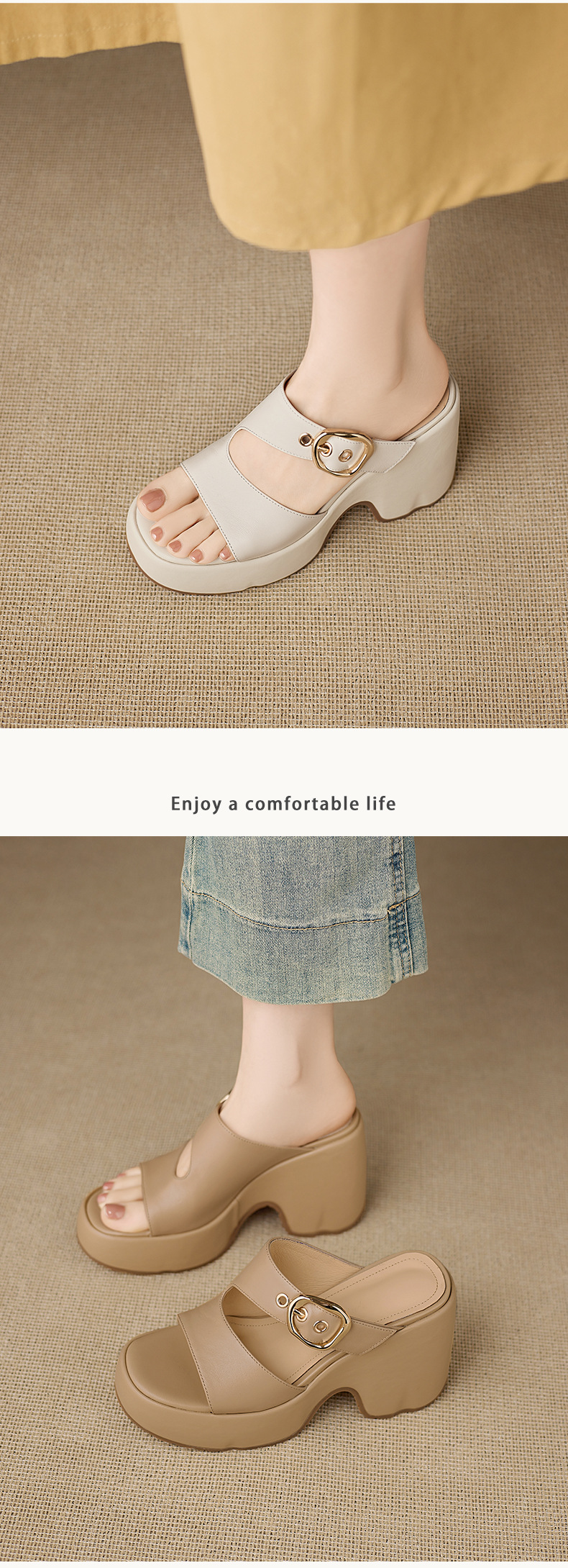 Dép sandal nữ đế xuồng cao 10cm da thật quai khóa mũi hở mùa hè — màu trắng ngà, màu mơ chi tiết 6