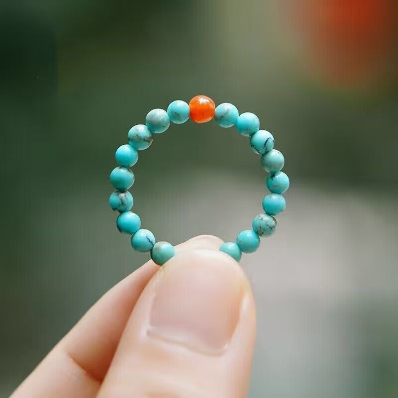 Blue Turquoise Ring, Decorative Beads, South Red Agate Fortune Beads, Ring with a High-End Feel, Niche and Unique Style