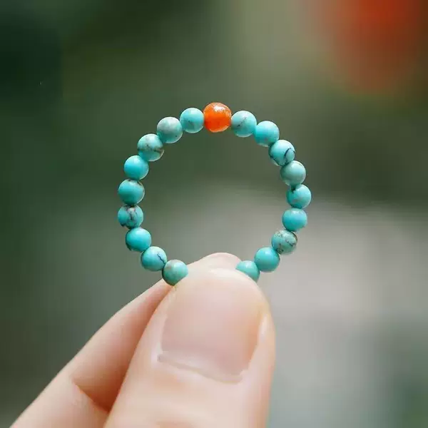 Blue Turquoise Ring, Decorative Beads, South Red Agate Fortune Beads, Ring with a High-End Feel, Niche and Unique Style