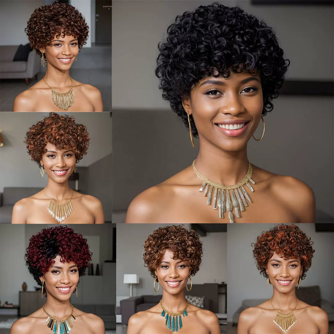 潺秀工厂小精灵假发非洲短款全机制真人小卷曲头套human hair wig