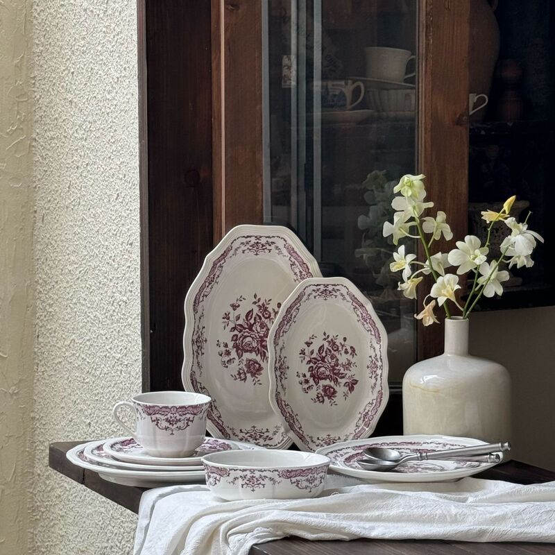 French retro rose red ceramic tableware ceramic plate dessert plate dinner plate bowl cup saucer oval suit wholesale