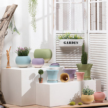 拉丝喷绘渐变色陶瓷花盆素烧白陶土透气吸水带托家用兰花多肉盆栽