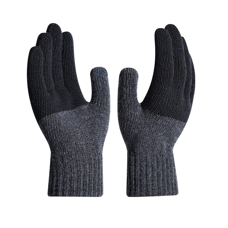 Men's autumn and winter color matching plus size knitted thick warm finger cold proof wool outdoor sports cycling gloves_voghion.com