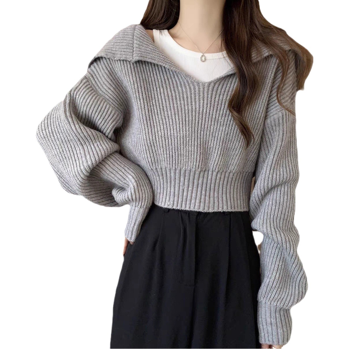 Conjunto de dos piezas gratis abrigo de suéter de cuello azul marino para mujeres 2023 Otoño e Invierno suéter suelto pequeño suéter corto