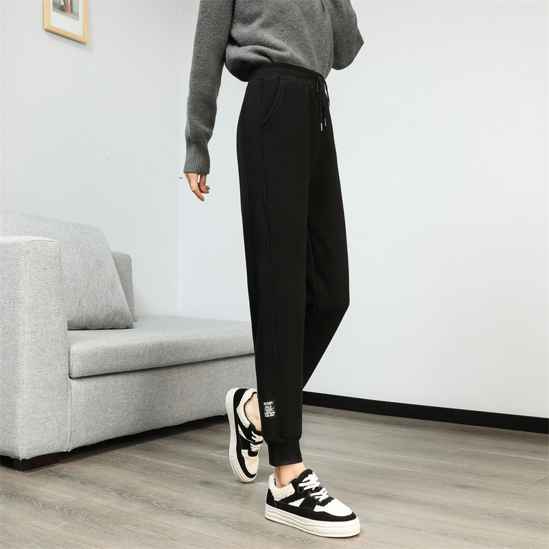 法米姿 羊羔绒运动加绒裤女新款加厚卫裤高腰显瘦束脚休闲裤哈伦