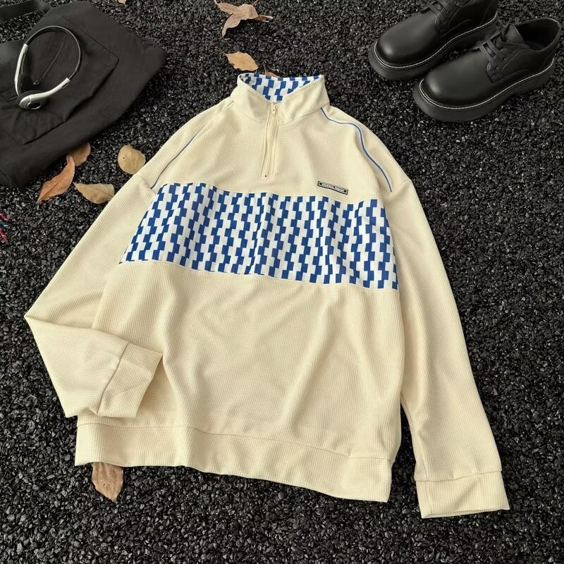 2026 American retro half-zip polo collar sweatshirt for men, spring and autumn, loose fit, trendy, versatile, checkerboard pattern 2026 American retro half-zip polo collar sweatshirt for men, spring and autumn, loose fit, trendy, versatile, checkerboard pattern