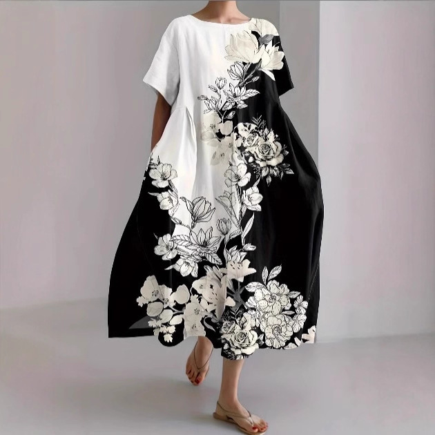 New Amazon Cross-Border Summer European and American Clothing Loose Round Neck Fashion High-End Short-Sleeved Printed Dress Factory