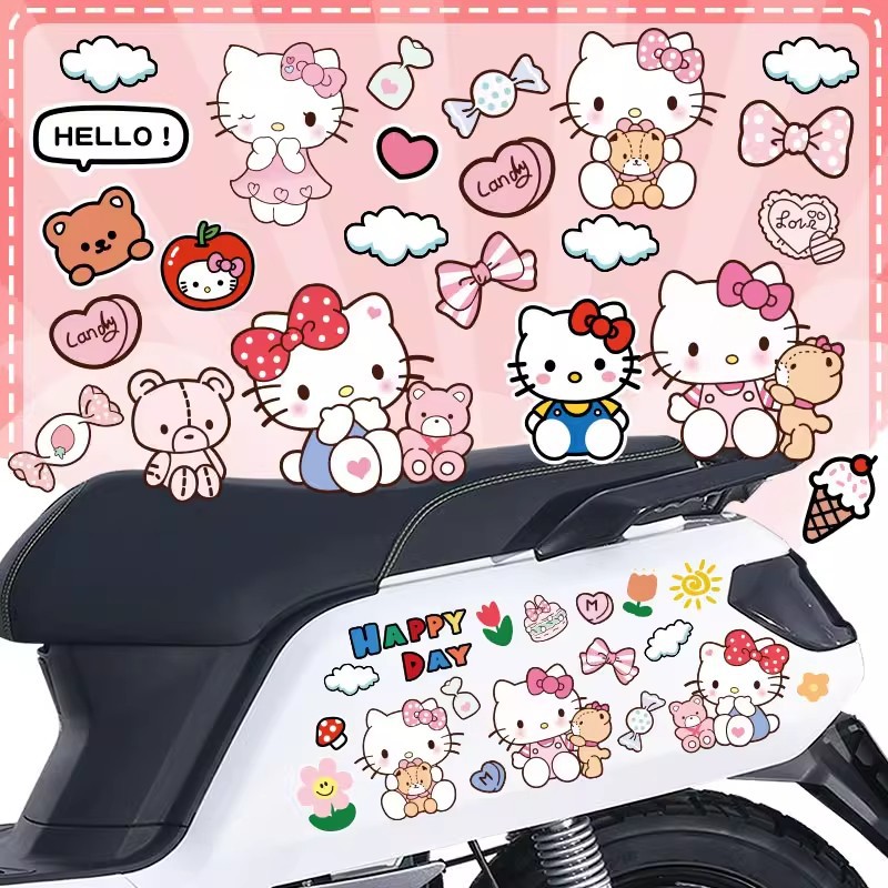키티 고양이 전기 자동차 스티커 스크래치 커버 귀여운 고양이 만화 오토바이 헬멧 장식 방수 태양 보호 스티커