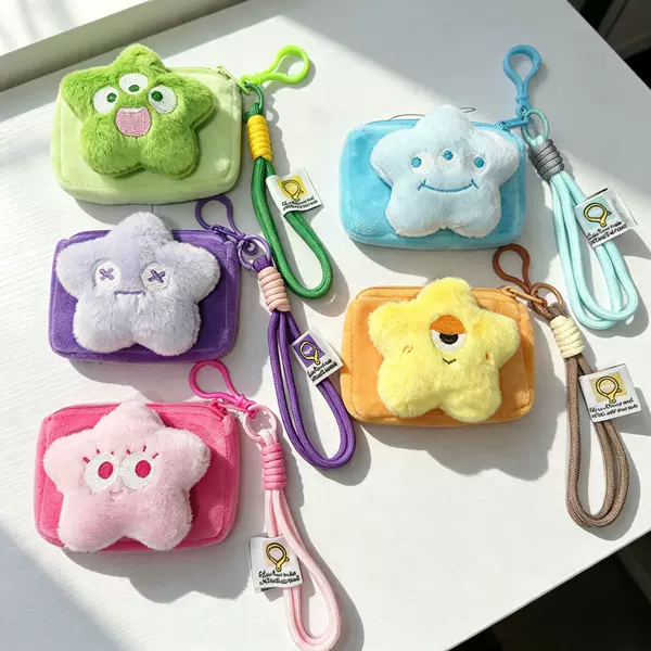Candy-colored cartoon big-eyed star coin purse with bead chain strap, mini pouch, card holder, earphone case, small gift