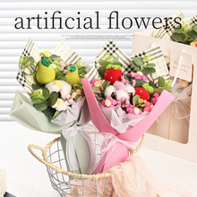 跨境手工针织花束成品编织草莓水果花束毕业季送朋友生日礼物批发