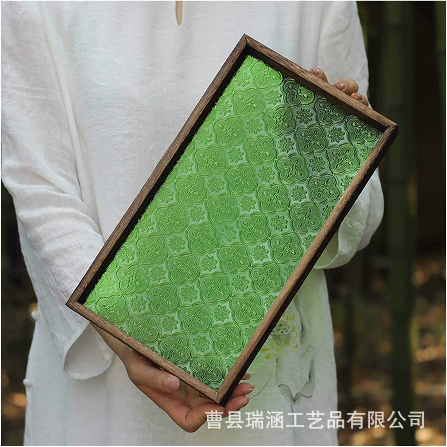 Retro Wind Begonia Flower Glass Stupid solid wood long square tea…