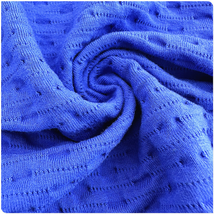 厂家供应300G人棉涡纺氨纶小提花凹凸勾线绣花双面针织提花布蓝色