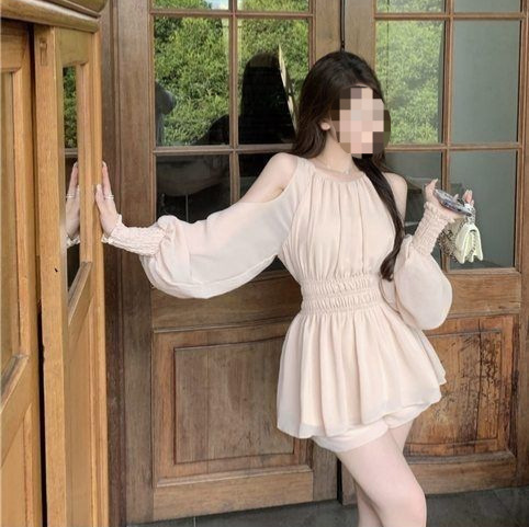 French-Style Gentle Off-The-Shoulder Long-Sleeved Waist-Cinching Chiffon Shirt for Women, Summer Sweet Outfit, Casual Straight Shorts Two-Piece Set French-Style Gentle Off-The-Shoulder Long-Sleeved Waist-Cinching Chiffon Shirt for Women, Summer Sweet Outfit, Casual Straight Shorts Two-Piece Set