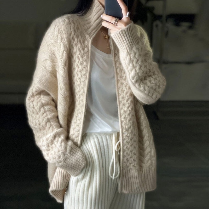 3-strand Thick Cashmere Sweater Women's Turtleneck Zipper Sweater Cardigan Lazy Loose Wool Top Thick Coat Autumn and Winter