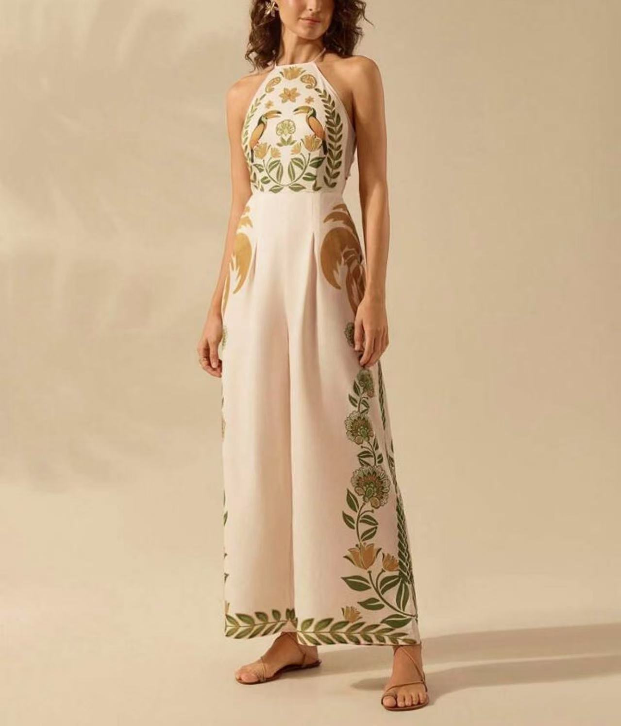 Sexy Printed Sleeveless Halter Neck Wide Leg Jumpsuit European American Style for Women Cross Border Independent Website_ecoleips.com