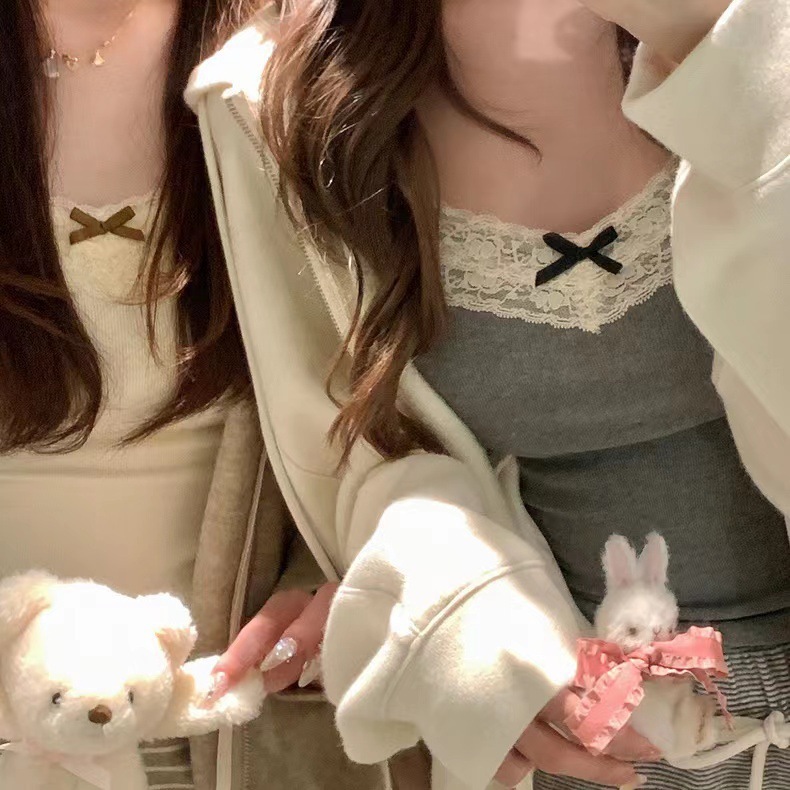 Pure sweet bow lace sling back vest with chest pad thread wrapped chest outer wear bottoming short top