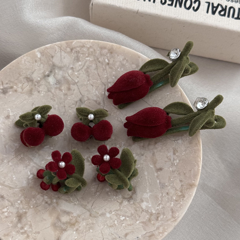 Lega floccata piccola ciliegia forcina copricapo frangia clip piccolo fiore Perla piccola clip per capelli accessori per capelli forcina clip laterale forcina rotta_voghion.com