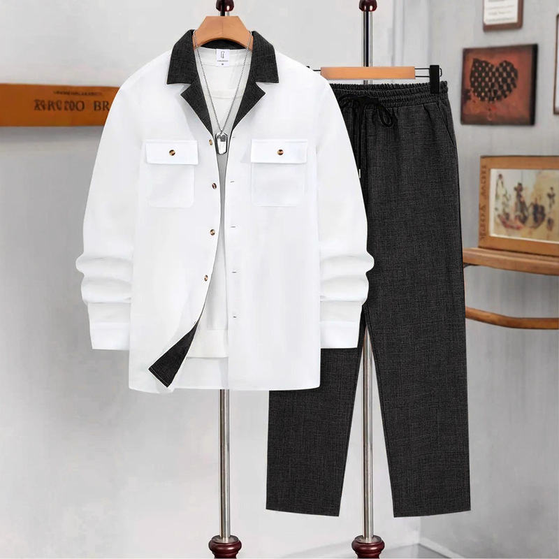 Men's Spring and Autumn Suit with Contrasting Color, Blazer Collar, Open-Button Long-Sleeve Shirt, Long Pants, Casual Two-Piece Set Wholesale