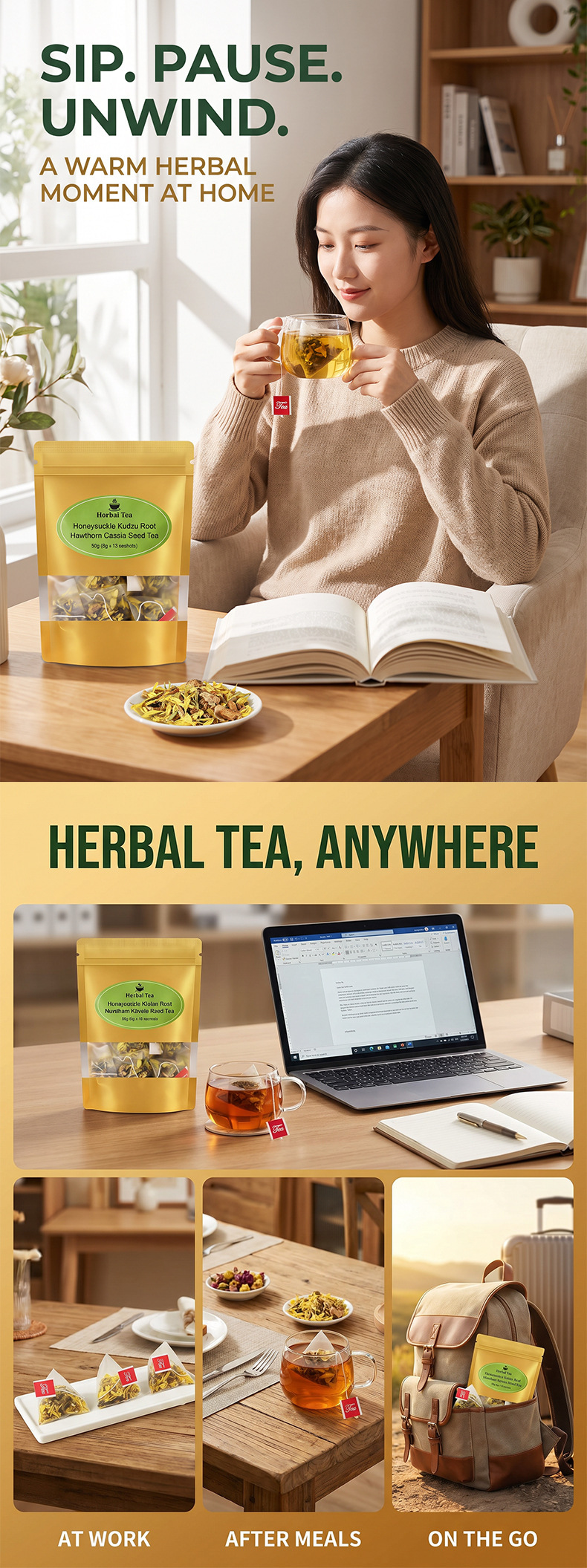 Honeysuckle Kudzu Root Hawthorn Cassia Seed Tea Jin Yin Hua Ge Gen Cha 50g Hot Brew Herbal Blend overview