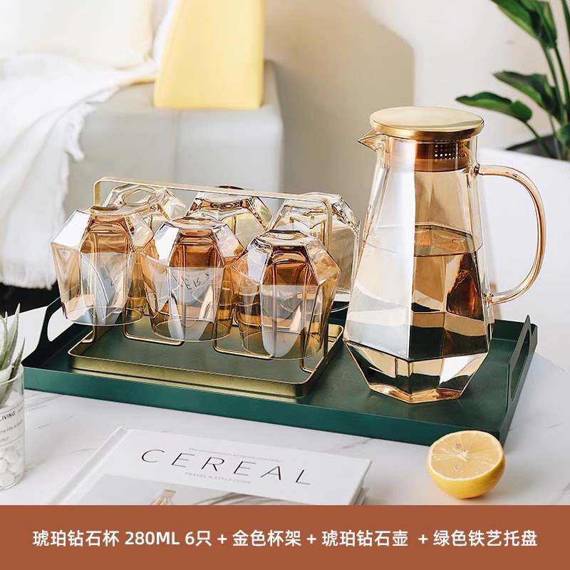 Vaso de cristal de diamante de lujo ligero ámbar, taza de agua para el hogar con asa, taza de té resistente al calor para la sala de estar, juego de taza de agua potable