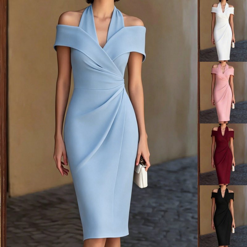 European and American cross-border summer sexy off-shoulder ruched waist-cinching short-sleeve pencil dress gown European and American cross-border summer sexy off-shoulder ruched waist-cinching short-sleeve pencil dress gown