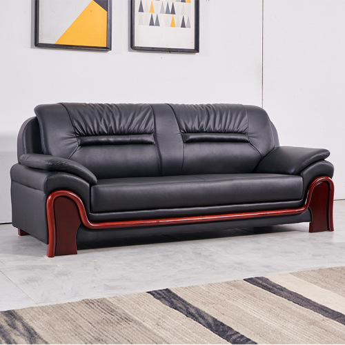 Office Sofa Set with Simple Coffee Table for Reception, Business Meetings, Modern Chinese Style Genuine Leather and Solid Wood Three-Seater Sofa