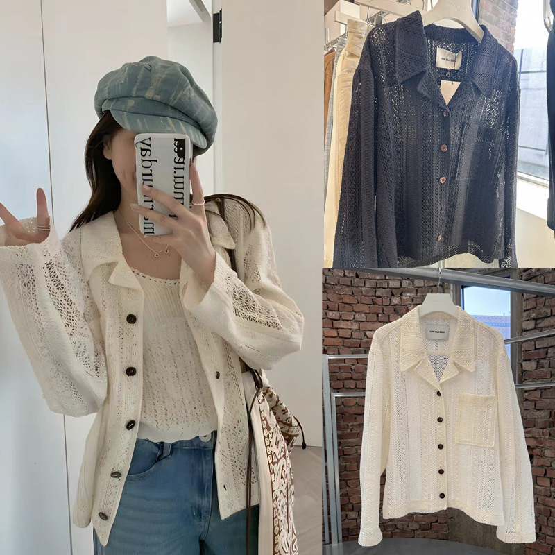Now Available~ Korean Low Clas*Ic New Spring/Summer Collection Simple Cotton Crochet Hollow-Out Long-Sleeve Shirt Casual Jacket
