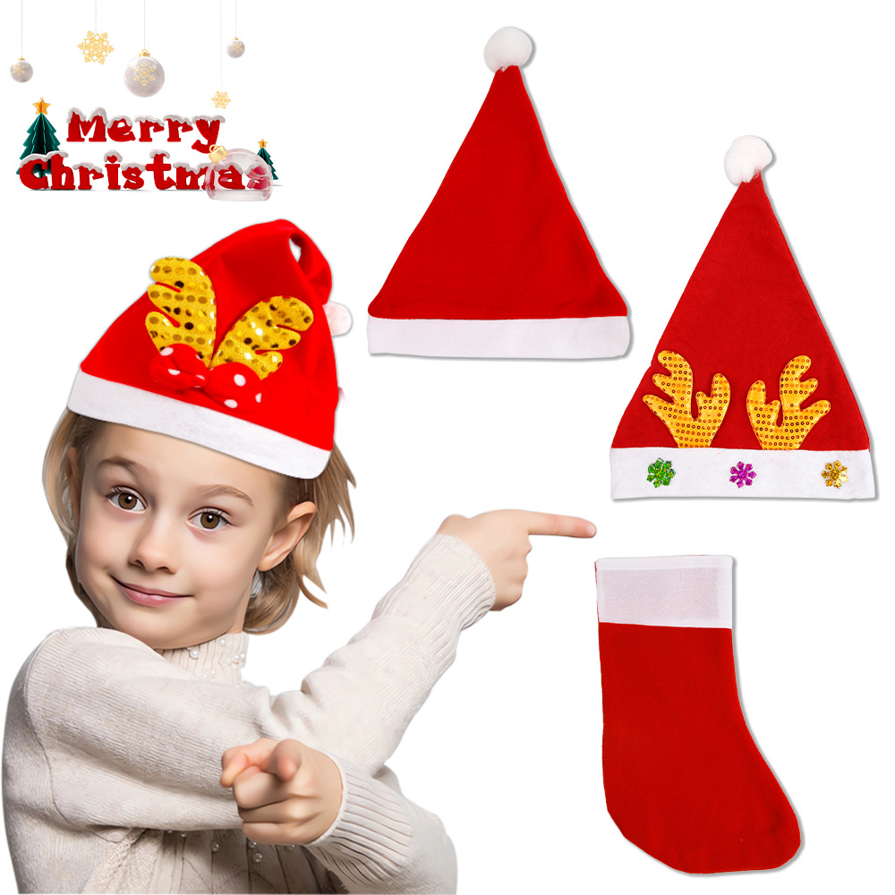 Gorro de Navidad de terciopelo rojo de nuevo estilo para niños y adultos, decoración para fiestas navideñas, disfraz de gorro de Navidad con cuernos de lentejuelas.
