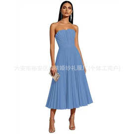 跨境纯色抹胸压褶中长款礼服女收腰百褶裙礼服宴会派对气质连衣裙