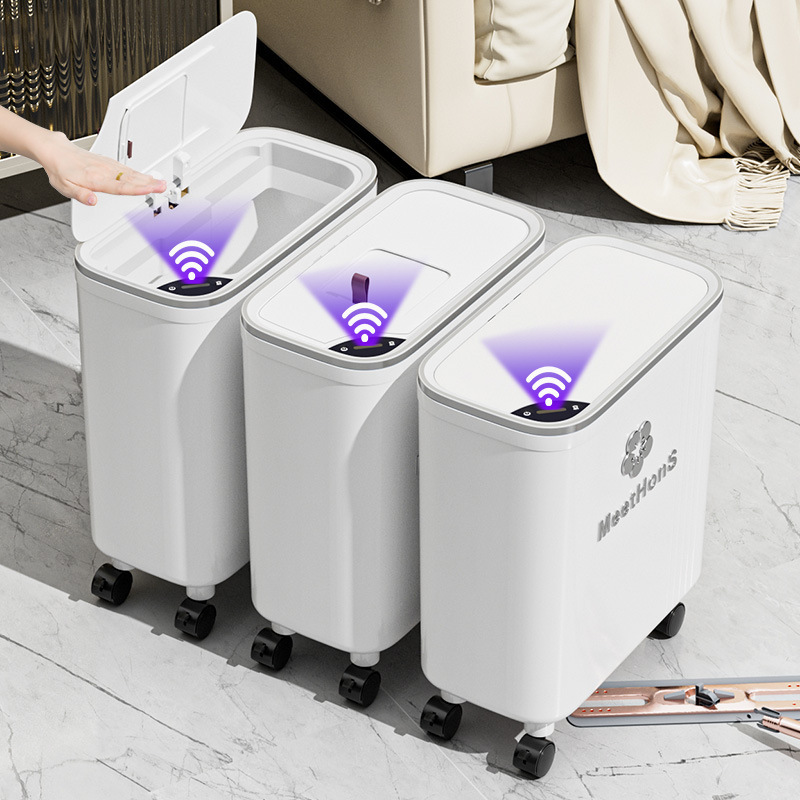 Basura de inducción inteligente inodoro doméstico automático lujoso ligero con cubierta de papel estrecho eléctrico cubo de papel higiénico