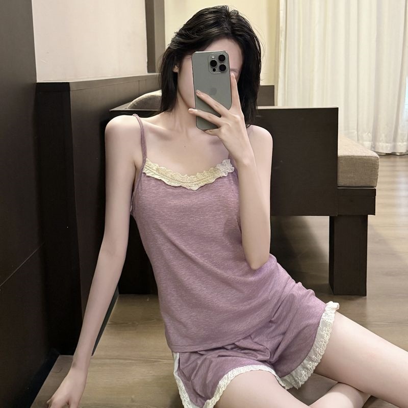 吊带睡衣女款夏季天彩棉拉架新款带胸垫性感花边可外穿家居服套装