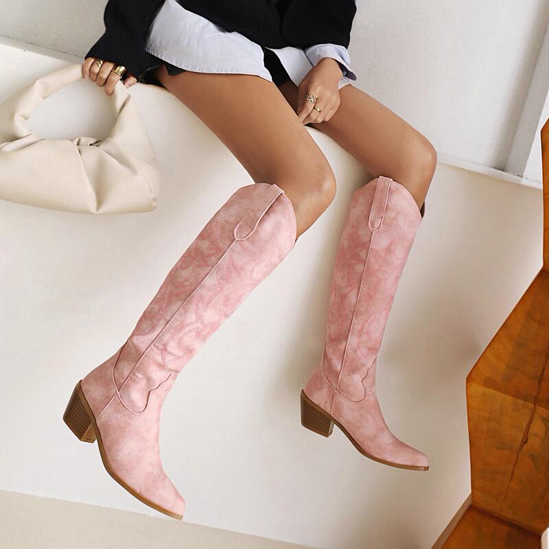New Cross-Border V-Cut Western Cowboy Boots for Women, High-Heeled Pointed-Toe Riding Boots, Over-The-Knee Long Boots, Slimming High-Tube Design New Cross-Border V-Cut Western Cowboy Boots for Women, High-Heeled Pointed-Toe Riding Boots, Over-The-Knee Long Boots, Slimming High-Tube Design