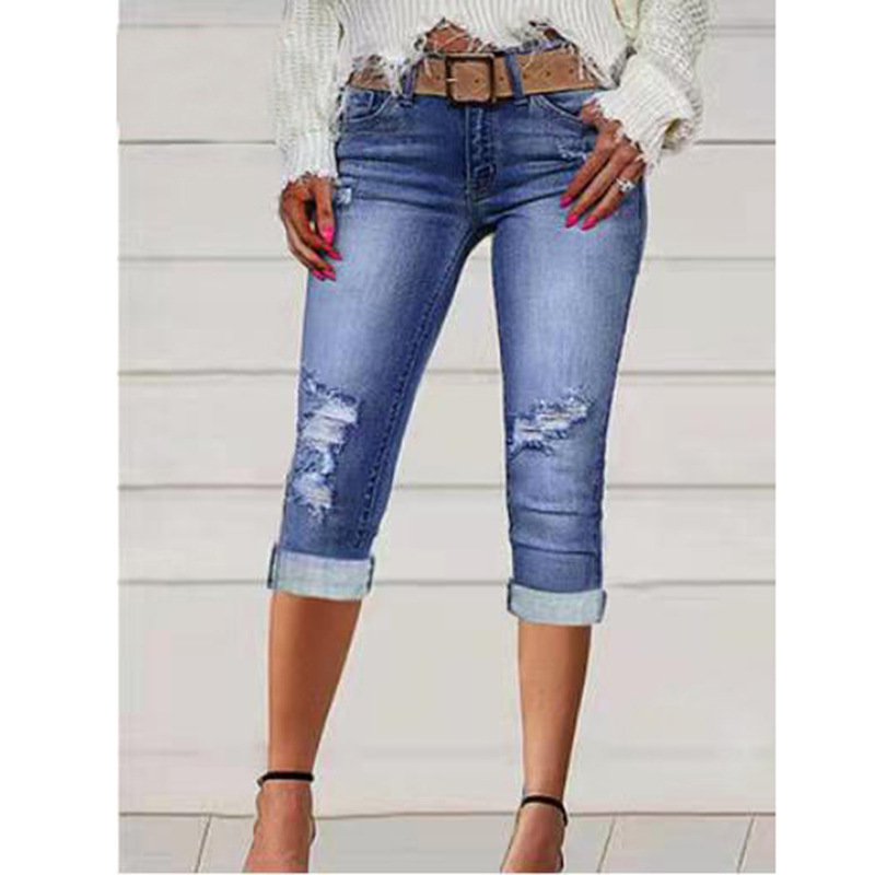 2025 European and American New Style Amazon Tight-Fitting Stretchy Cropped Jeans Trendy Brand Mid-Length Pants Women's Jeans Elegant