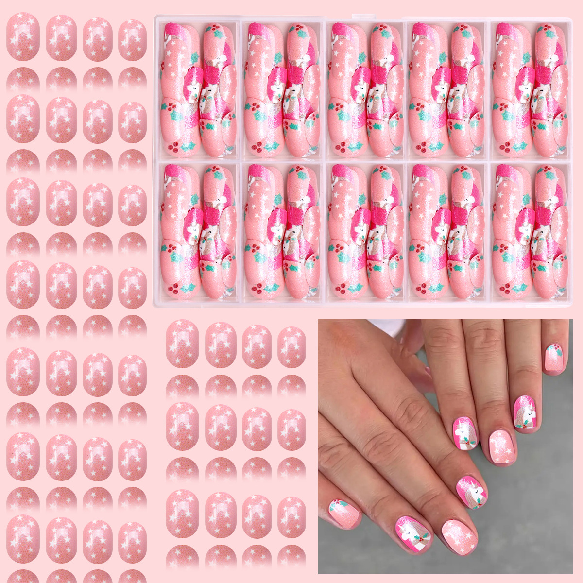 Nuevo niño impresión UV desgaste de uñas 120 piezas de caja de uñas falsas lindas dibujos animados mezclados parches de uñas