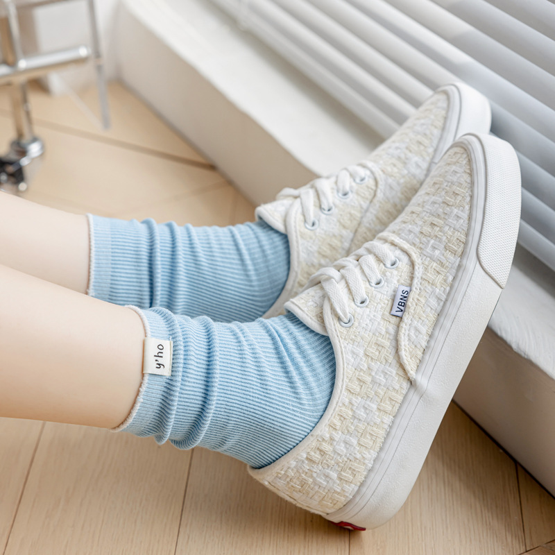 Dopamine tide cream colored children's spring and summer breathable middle tube pile fabric label women's socks, double_voghion.com