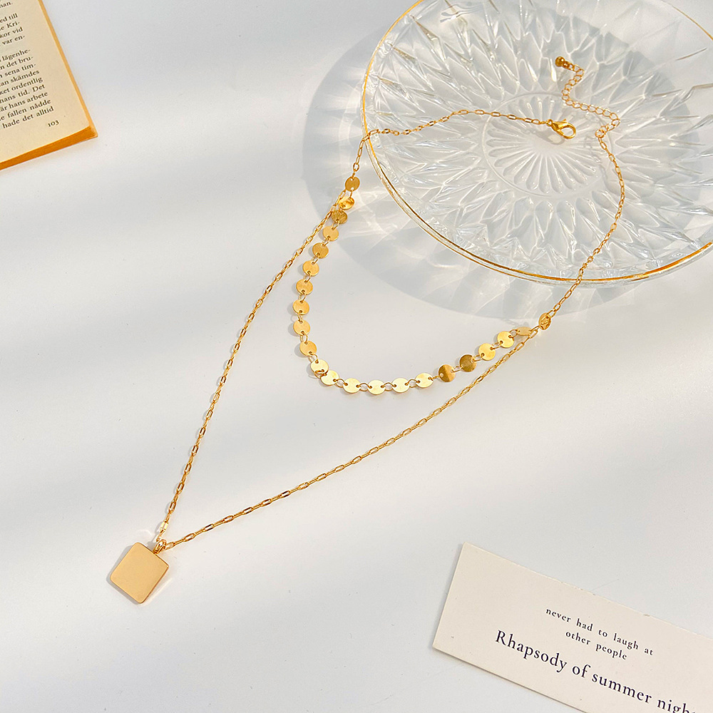 Ethnic Style Double-Layer Square Metal Pendant Necklace Stainless Steel Clavicle Chain_colorza_5