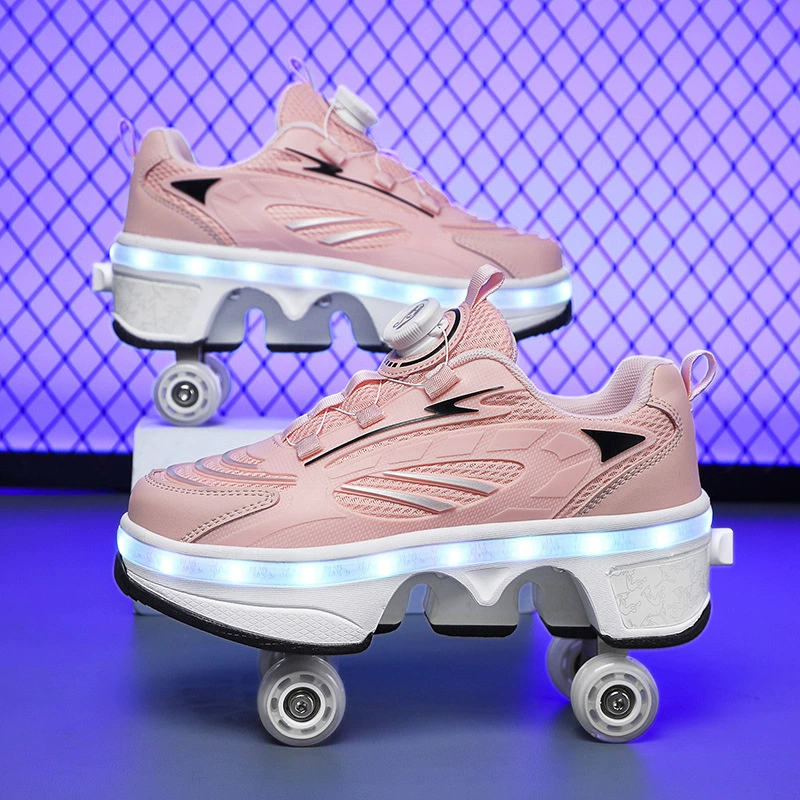 Transformable four‑wheel roller shoes, breathable mesh, unisex, sizes 33–43