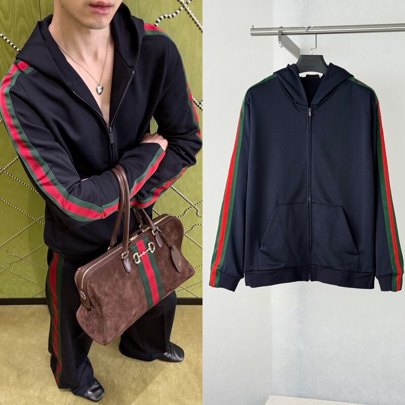 Top-quality 26SS trendy brand new G-brand red and green striped suit with a hooded zip-up jacket for men and women Top-quality 26SS trendy brand new G-brand red and green striped suit with a hooded zip-up jacket for men and women